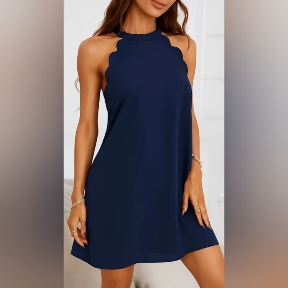 NWT I.N. San Francisco Womens Navy Scalloped Halter Neck A-line Dress S SMALL